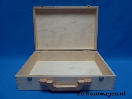 De Houtwagen | Houten koffer van berken multiplex – 37x25x9 cm met houten handvat en klipsluitingen | houten koffers | € 32,50