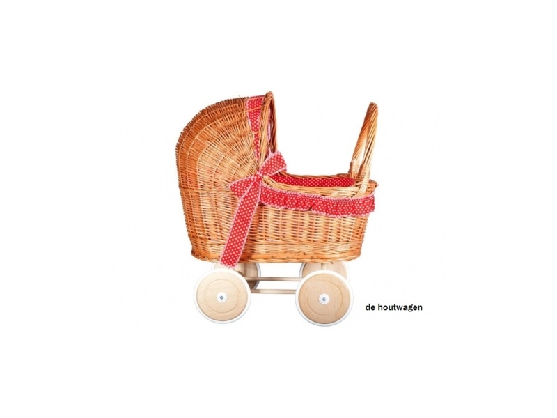 De Houtwagen | rieten poppenwagen rood met witte stippen | rieten poppenwagens | € 75,00