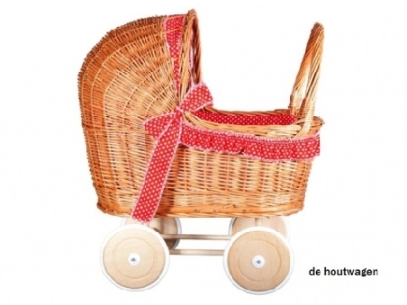 De Houtwagen | rieten poppenwagen rood met witte stippen | rieten poppenwagens | € 75,00