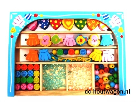 houten kralenset in blauw kistje