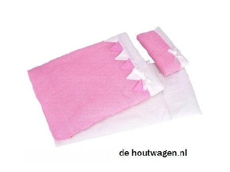 De Houtwagen | poppen beddengoed roze gestreept | poppenbedjes | € 18,50