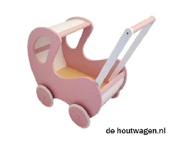poppenwagen met kap roze-wit
