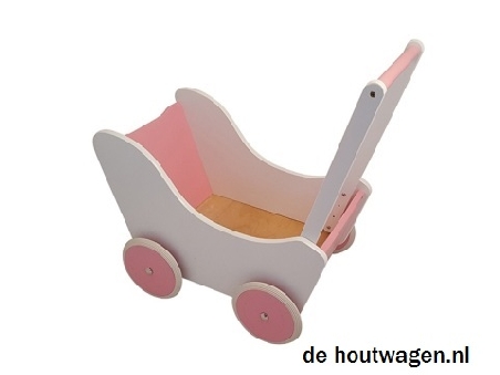 De Houtwagen | houten poppenwagen wit met roze | houten poppenwagens | € 69,95