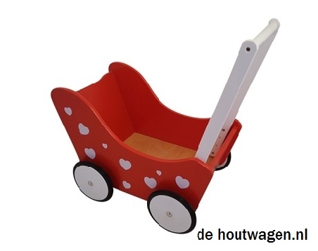 De Houtwagen | poppenwagen rood met witte hartjes | houten poppenwagens | € 69,95