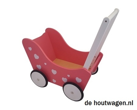 poppenwagen roze met witte hartjes