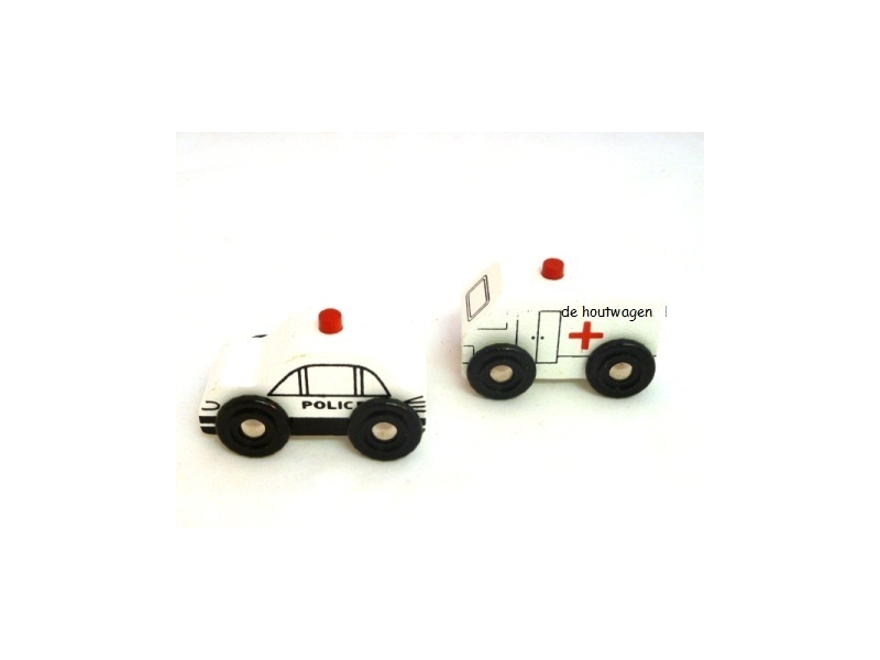 De Houtwagen | houten politie en ziekenwagen | houten auto's | € 4,95