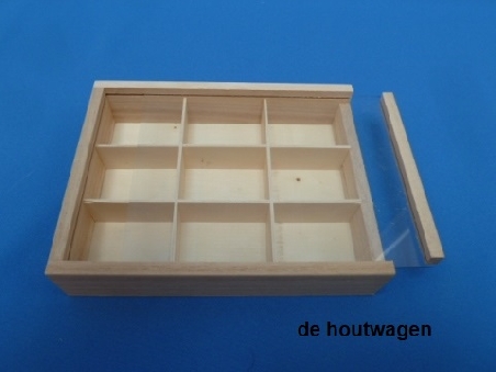 kistje met 9 vakken en glazen schuifdeksel