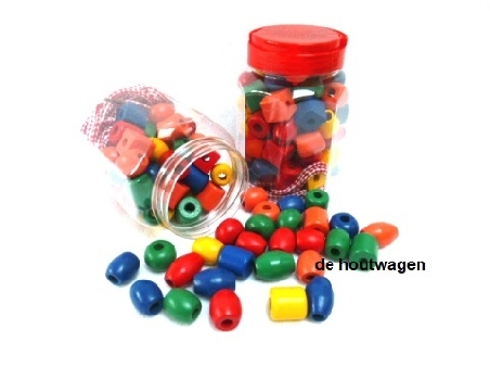 De Houtwagen | Houten reuzenkralen in bus – 70 kleurrijke kralen met rijgveters (3+) | houten kralen groot | € 12,50