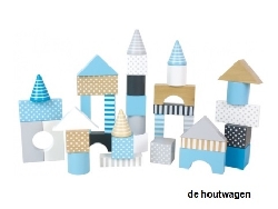 Houten bouwblokken blauw in ton