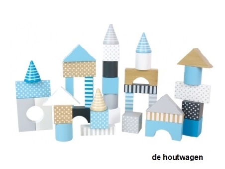 Houten bouwblokken blauw in ton