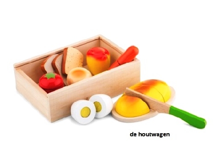 De Houtwagen | snijset ontbijt in kist | speelgoed boodschappen | € 24,95