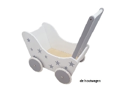 poppenwagen wit met grijze sterren