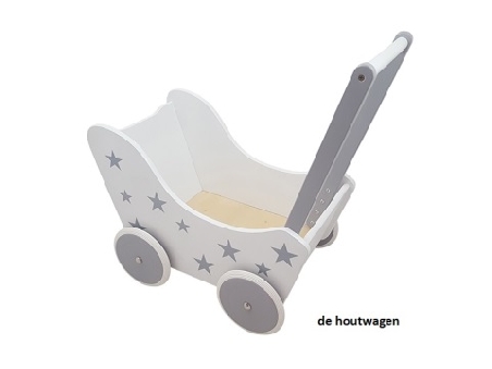 poppenwagen wit met grijze sterren