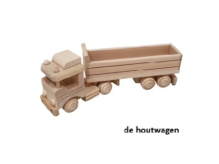 De Houtwagen | Houten Truck met Trailer – Blank Hout | houten vrachtwagens en machines | € 27,50