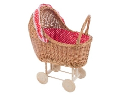 poppenwagen riet rood met witte hartjes