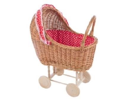 De Houtwagen | poppenwagen riet rood met witte hartjes | rieten poppenwagens | € 65,00