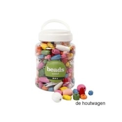 De Houtwagen | Houten kralen gemengd in bus – 175 g kleurrijke mix (400 ml) | houten kralen groot | € 9,95