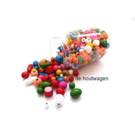 De Houtwagen | kralen gemengd in bus 400 ml. | houten kralen groot | € 11,50
