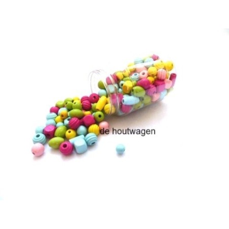 De Houtwagen | Houten kralen in pastelkleuren – 175 gram in handige bus (10–15 mm) | houten kralen groot | € 9,95