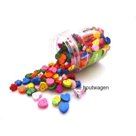 De Houtwagen | Houten kralen figuurtjes in bus – 235 g vrolijke vormen (700 ml) | houten kralen groot | € 19,95