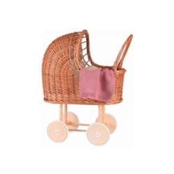 rieten poppenwagen groot met rubber wielen en dekentje