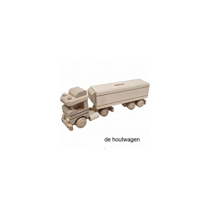 De Houtwagen | Houten Vrachtwagen Spaarpot met Afneembare Trailer | voertuigen naturel hout | € 27,50