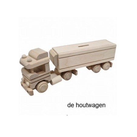 De Houtwagen | Houten Vrachtwagen Spaarpot met Afneembare Trailer | voertuigen naturel hout | € 27,50