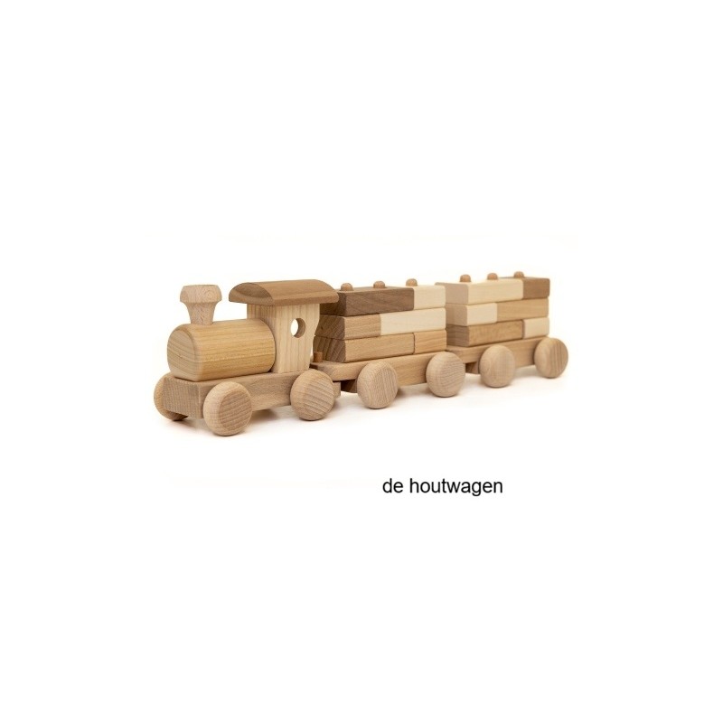 De Houtwagen | houten trein met 2 wagons en 13 blokken | speelgoed naturel hout | € 35,00