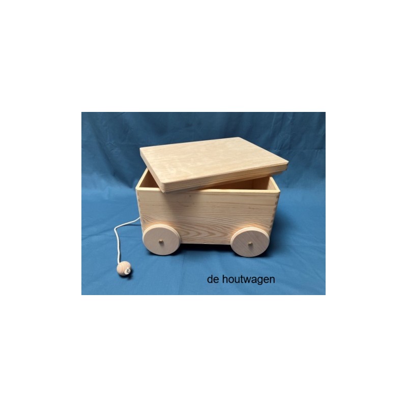 De Houtwagen | kist met houten wielen afneembaar deksel en koord 40 x 30 x 22 cm. | houten opbergkisten | € 59,00