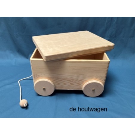 De Houtwagen | kist met houten wielen afneembaar deksel en koord 40 x 30 x 22 cm. | houten opbergkisten | € 59,00