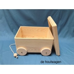 De Houtwagen | kist met houten wielen afneembaar deksel en koord 40 x 30 x 22 cm. | houten opbergkisten | € 59,00