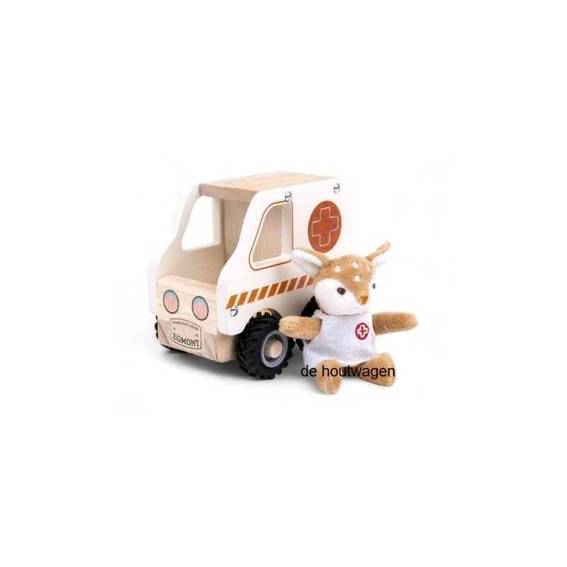 De Houtwagen | Houten ambulance met mini figuur | houten vrachtwagens en machines | € 19,95