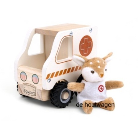 De Houtwagen | Houten ambulance met mini figuur | houten vrachtwagens en machines | € 19,95