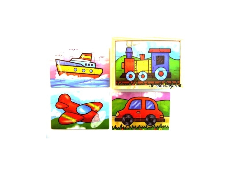 De Houtwagen | puzzelkist met 4 puzzels van voertuigen | houten puzzels | € 5,95