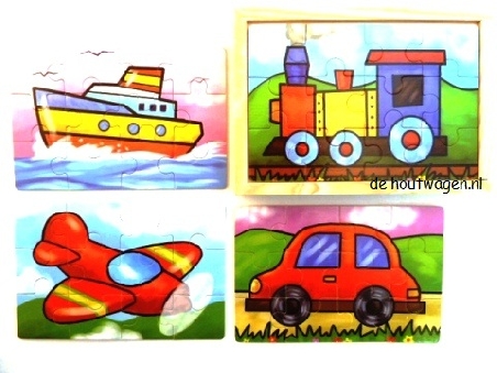 De Houtwagen | puzzelkist met 4 puzzels van voertuigen | houten puzzels | € 5,95
