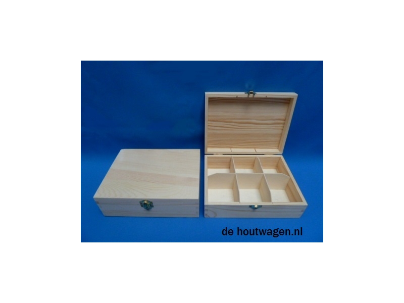 De Houtwagen | houten theekist met 6 vakken stevige pinewood | theekisten | € 7,50