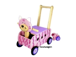 houten loopwagen poes roze