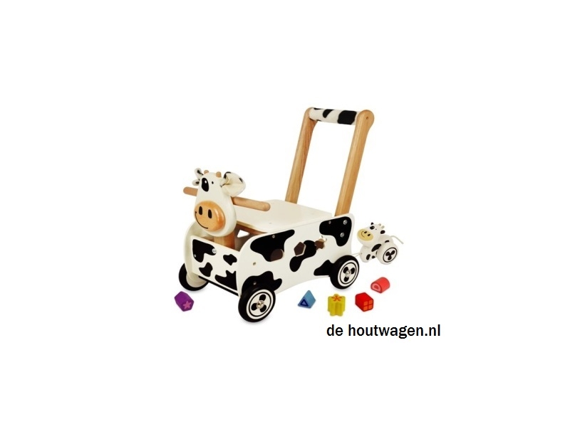De Houtwagen | Houten Loopwagen Koe – Duw-, Zit- & Speelwagen met Blokken | houten loopwagens | € 75,00