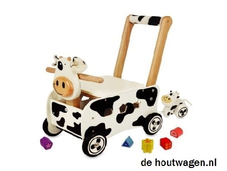 De Houtwagen | Houten Loopwagen Koe – Duw-, Zit- & Speelwagen met Blokken | houten loopwagens | € 75,00