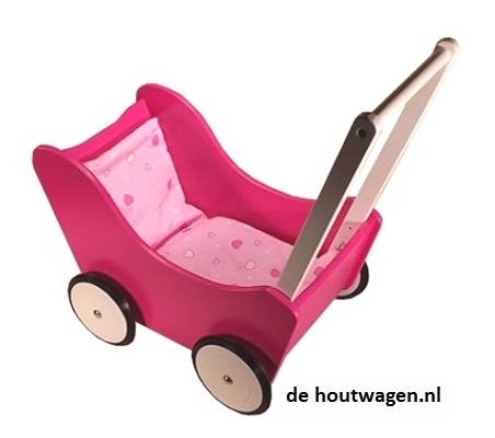 De Houtwagen | poppenwagen fuchsia met wit | houten poppenwagens | € 69,95