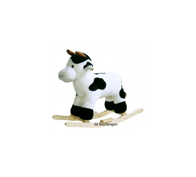 De Houtwagen | Pluche Hobbelkoe met Geluid – Houten Onderstel | hobbelpaarden, stokpaardjes | € 75,00