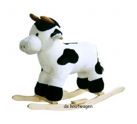 De Houtwagen | Pluche Hobbelkoe met Geluid – Houten Onderstel | hobbelpaarden, stokpaardjes | € 75,00