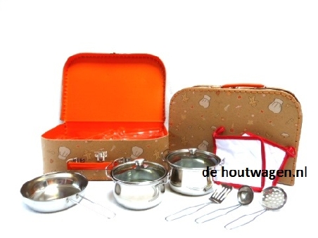 speelgoed pannenset in oranje-beige opbergkoffer