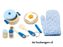 houten kookset blauw