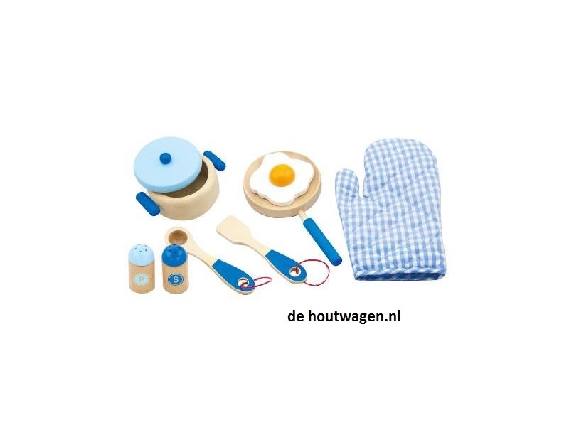 houten kookset blauw