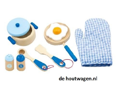 houten kookset blauw