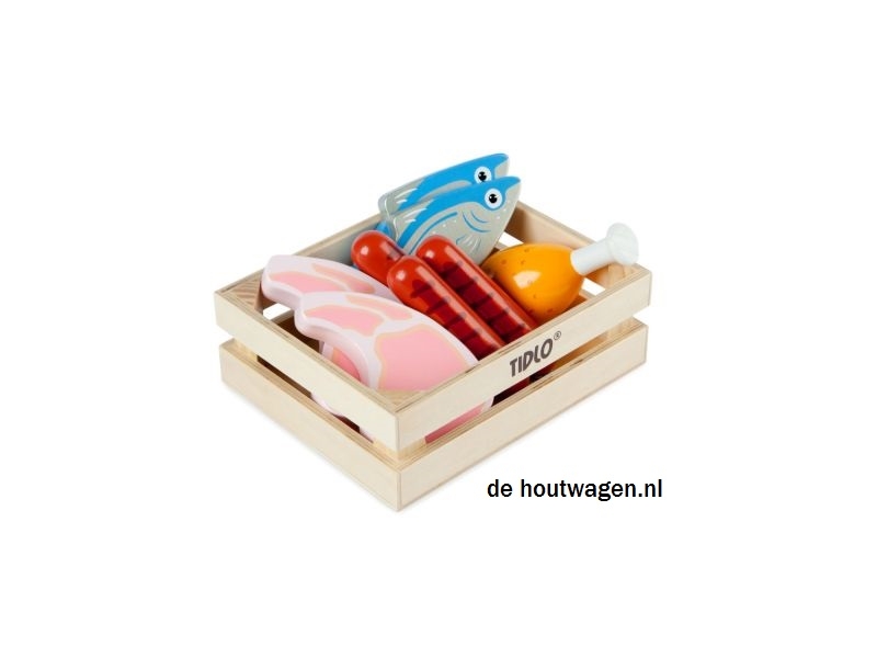 De Houtwagen | vlees en vis in kistje | speelgoed boodschappen | € 9,95