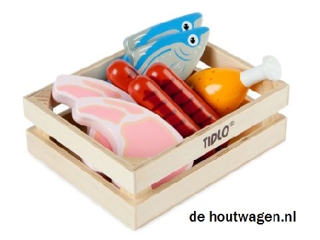 De Houtwagen | vlees en vis in kistje | speelgoed boodschappen | € 9,95