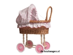 rieten poppenwagen met stoffen kap in bloembekleding