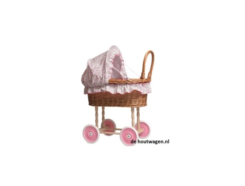 De Houtwagen | rieten poppenwagen met stoffen kap in bloembekleding | rieten poppenwagens | € 75,00